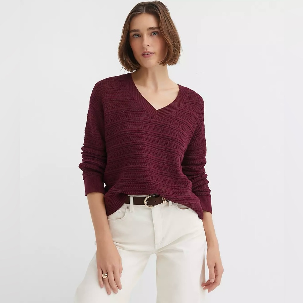 LOFT Stitchy V-Neck Sweater Burgundy Size M